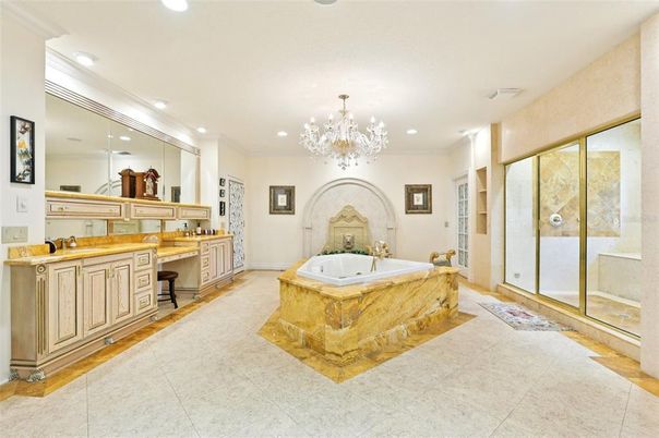 Bathroom, Chandelier, Glass Shower, Interior, Recessed Lighting