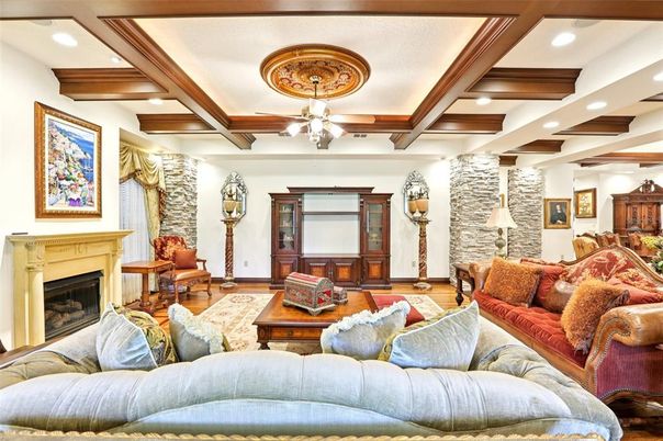 Fireplace, Interior, Living room, Recessed Lighting, Wooden Beams, Wood Texture Flooring