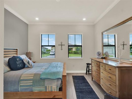 Bedroom, Interior, Recessed Lighting, Wood Texture Flooring