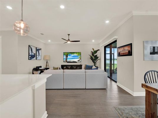 Interior, Living room, Pendant Lights, Recessed Lighting, Wood Texture Flooring