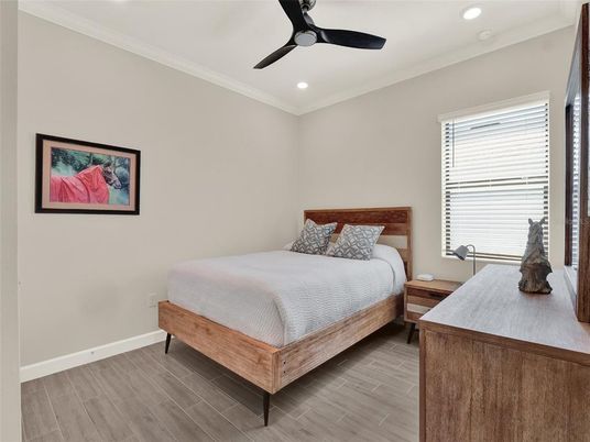 Bedroom, Interior, Recessed Lighting, Wood Texture Flooring
