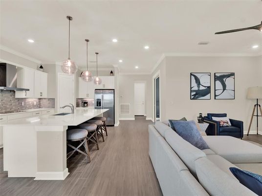 Interior, Kitchen, Living room, Pendant Lights, Recessed Lighting, Stainless Steel Appliances, Wood Texture Flooring