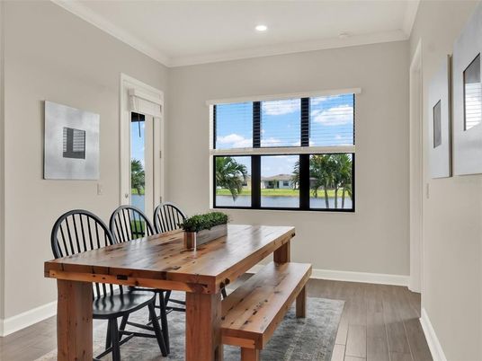 Dining room, Interior, Recessed Lighting, Wood Texture Flooring