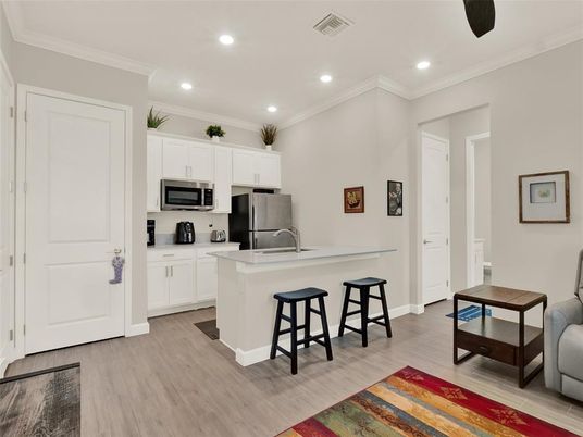 Interior, Kitchen, Recessed Lighting, Stainless Steel Appliances, Wood Texture Flooring
