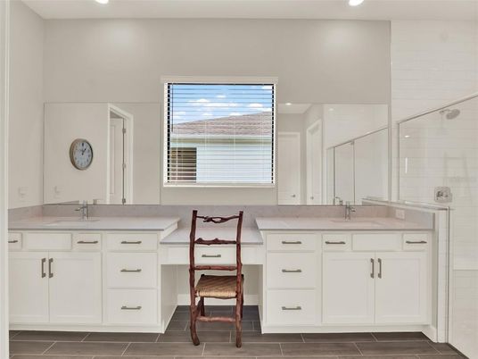 Bathroom, Dual Sink Vanities, Glass Shower, Interior, Recessed Lighting, Wood Texture Flooring