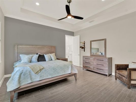 Bedroom, Interior, Recessed Lighting, Wood Texture Flooring