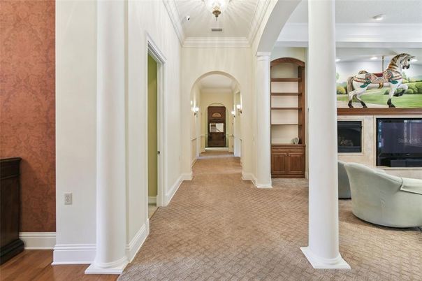 Chandelier, Fireplace, Interior, Recessed Lighting, Wood Texture Flooring