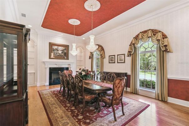 Chandelier, Dining room, Fireplace, Interior, Pendant Lights, Recessed Lighting, Wood Texture Flooring