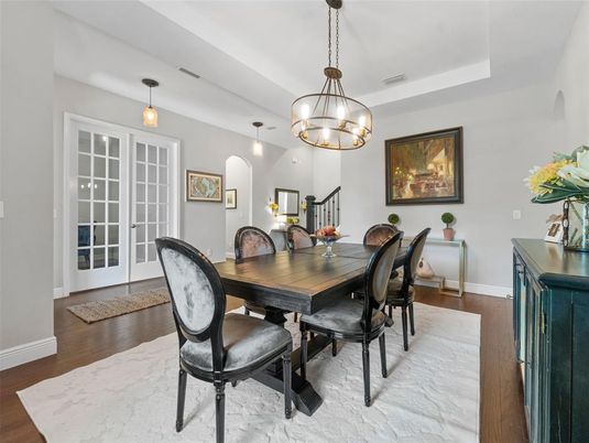 Chandelier, Dining room, Interior, Marble, Pendant Lights, Wood Texture Flooring