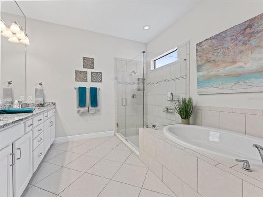 Bathroom, Dual Sink Vanities, Glass Shower, Interior, Recessed Lighting