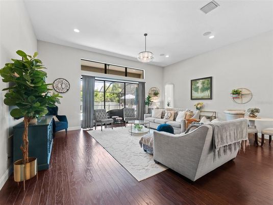 Interior, Living room, Pendant Lights, Recessed Lighting, Wood Texture Flooring