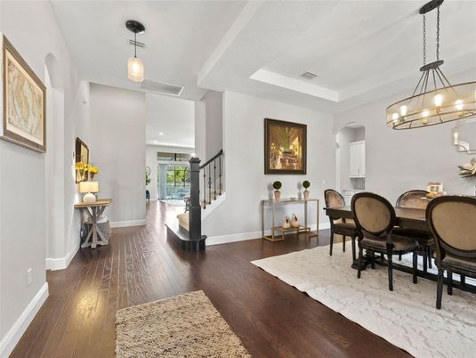 Chandelier, Dining room, Interior, Pendant Lights, Wood Texture Flooring