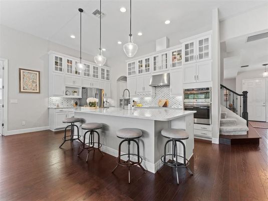 Interior, Kitchen, Pendant Lights, Recessed Lighting, Stainless Steel Appliances, Wood Texture Flooring