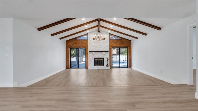 Empty room, Fireplace, Interior, Recessed Lighting, Wooden Beams, Wood Texture Flooring