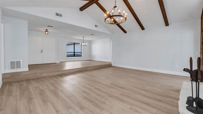 Chandelier, Empty room, Interior, Pendant Lights, Wooden Beams, Wood Texture Flooring