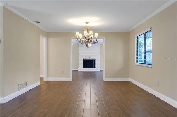 Chandelier, Empty room, Fireplace, Interior, Wood Texture Flooring