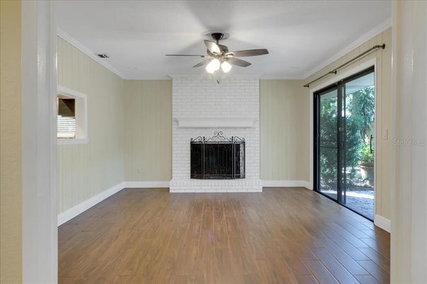 Empty room, Fireplace, Interior, Stone Walls, Wood Texture Flooring