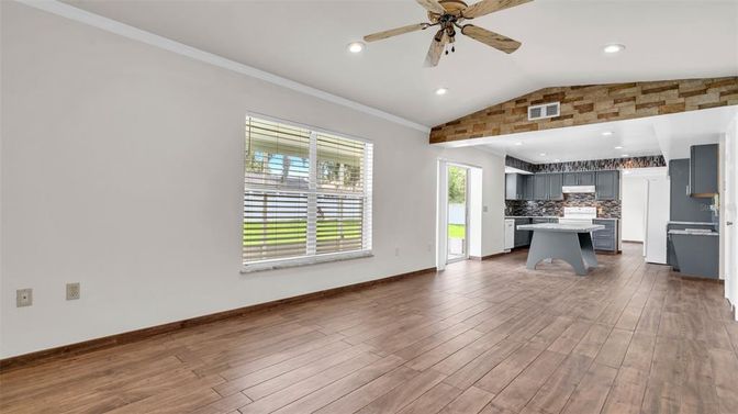 Empty room, Interior, Kitchen, Recessed Lighting, Wooden Beams, Wood Texture Flooring