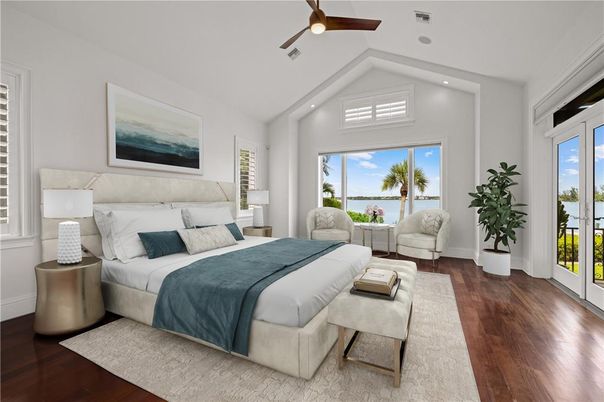 Bedroom, Interior, Recessed Lighting, Water, Wood Texture Flooring