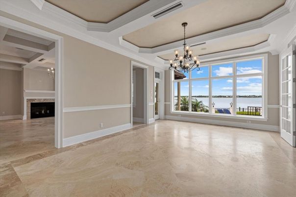 Chandelier, Empty room, Fireplace, Interior, Water