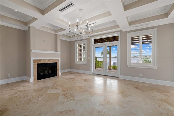 Chandelier, Empty room, Fireplace, Interior