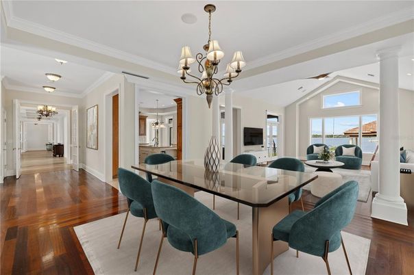 Chandelier, Dining room, Interior, Recessed Lighting, Water, Wood Texture Flooring