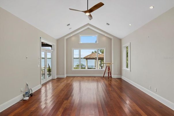 Empty room, Interior, Recessed Lighting, Water, Wood Texture Flooring