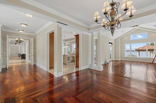 Chandelier, Empty room, Interior, Water, Wood Texture Flooring