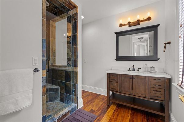 Bathroom, Glass Shower, Interior, Wood Texture Flooring