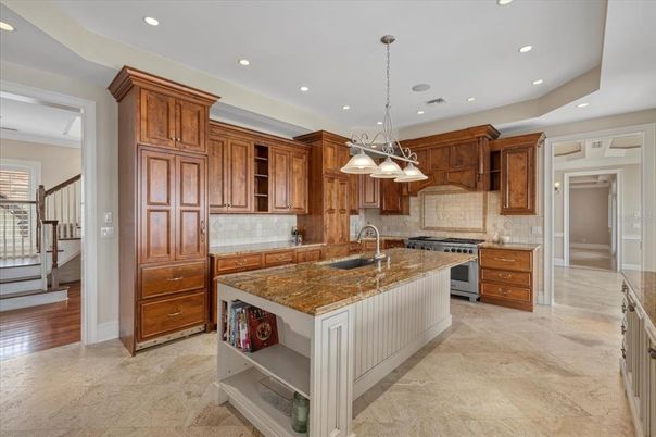 Chandelier, Interior, Kitchen, Pendant Lights, Recessed Lighting, Stainless Steel Appliances, Wood Texture Flooring