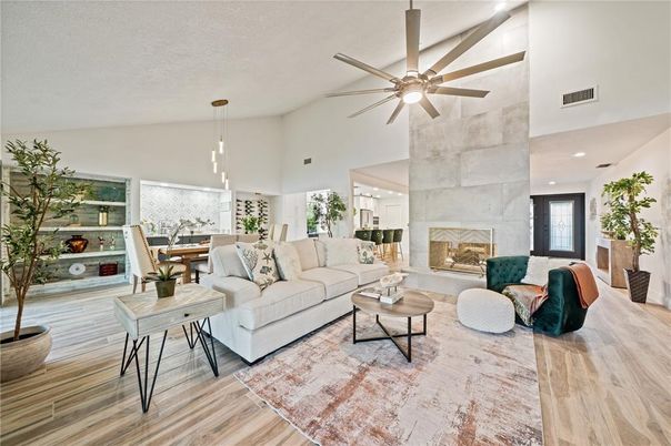 Dining room, Fireplace, Interior, Living room, Pendant Lights, Recessed Lighting, Wood Texture Flooring