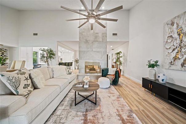 Fireplace, Interior, Living room, Recessed Lighting, Wood Texture Flooring