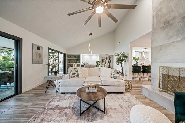 Dining room, Fireplace, Interior, Living room, Pendant Lights, Wood Texture Flooring