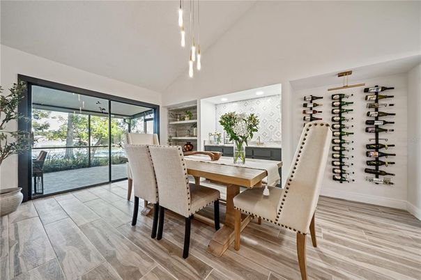 Dining room, Interior, Pendant Lights, Recessed Lighting, Wine Storage, Wood Texture Flooring