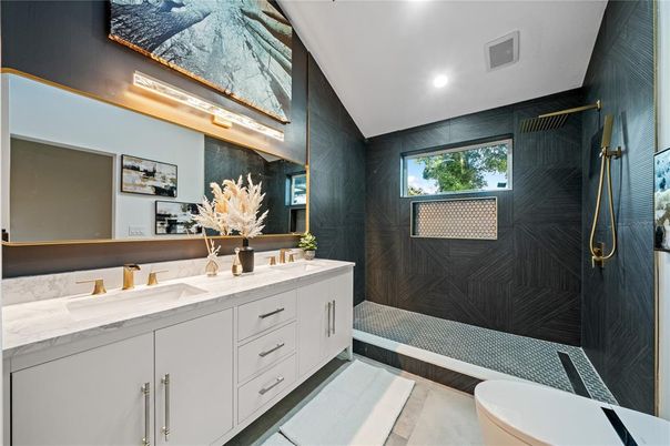 Bathroom, Dual Sink Vanities, Glass Shower, Interior, Recessed Lighting