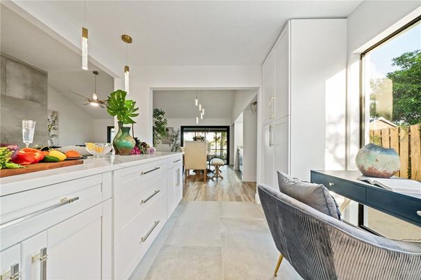 Dining room, Interior, Pendant Lights, Wood Texture Flooring