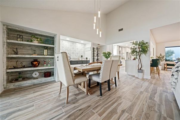 Dining room, Interior, Pendant Lights, Recessed Lighting, Wood Texture Flooring