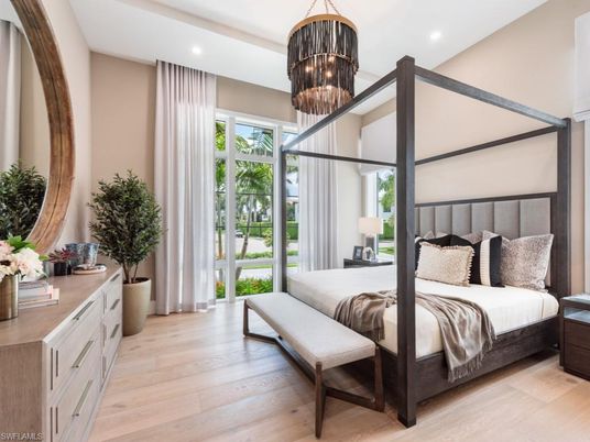Bedroom, Chandelier, Interior, Recessed Lighting, Wood Texture Flooring