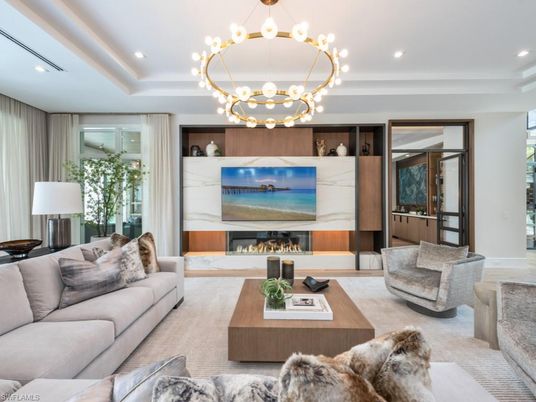 Fireplace, Interior, Living room, Marble Walls, Pendant Lights, Recessed Lighting