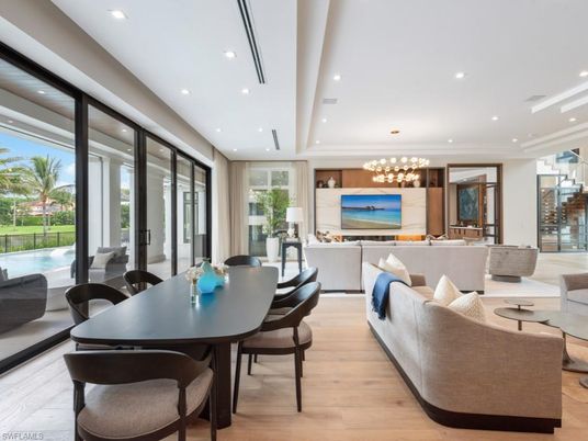 Dining room, Interior, Living room, Pendant Lights, Recessed Lighting, Wood Texture Flooring