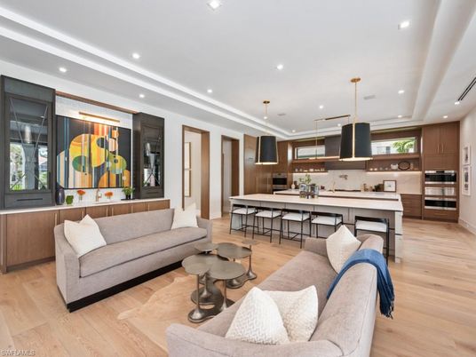 Interior, Kitchen, Living room, Pendant Lights, Recessed Lighting, Stainless Steel Appliances, Wood Texture Flooring