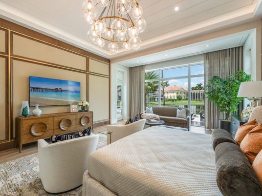 Bedroom, Interior, Living room, Pendant Lights, Recessed Lighting, Wood Texture Flooring