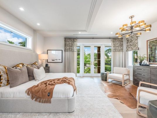 Bedroom, Chandelier, Interior, Pendant Lights, Recessed Lighting, Wood Texture Flooring