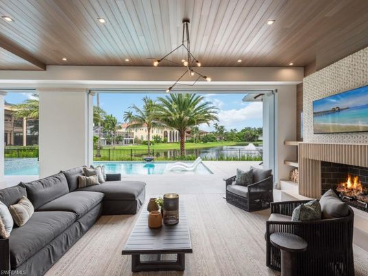 Fireplace, Interior, Living room, Pendant Lights, Pool, Recessed Lighting, Wooden Ceilings