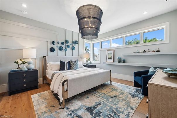 Bedroom, Chandelier, Interior, Recessed Lighting, Wood Texture Flooring