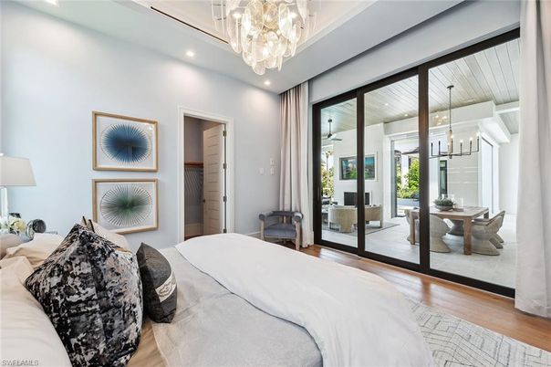 Bedroom, Chandelier, Interior, Recessed Lighting, Wood Texture Flooring