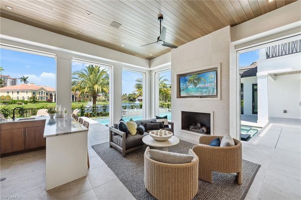 Fireplace, Interior, Living room, Recessed Lighting, Sun Room, Wooden Ceilings