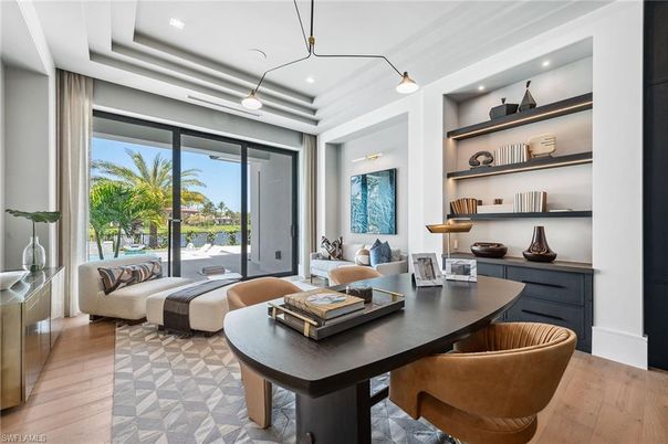 Home Office, Interior, Living room, Pendant Lights, Recessed Lighting, Wood Texture Flooring