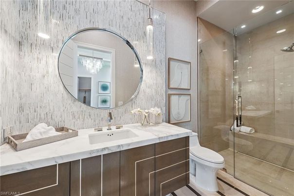 Bathroom, Dual Sink Vanities, Glass Shower, Interior, Pendant Lights, Recessed Lighting