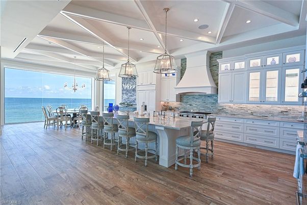 Dining room, Interior, Kitchen, Pendant Lights, Recessed Lighting, Water, Wood Texture Flooring